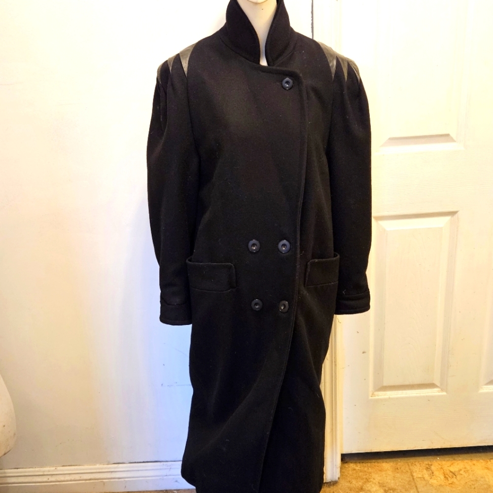 Double Breasted Black Trench Coat worh Leather Detail on Shoulders by J.…